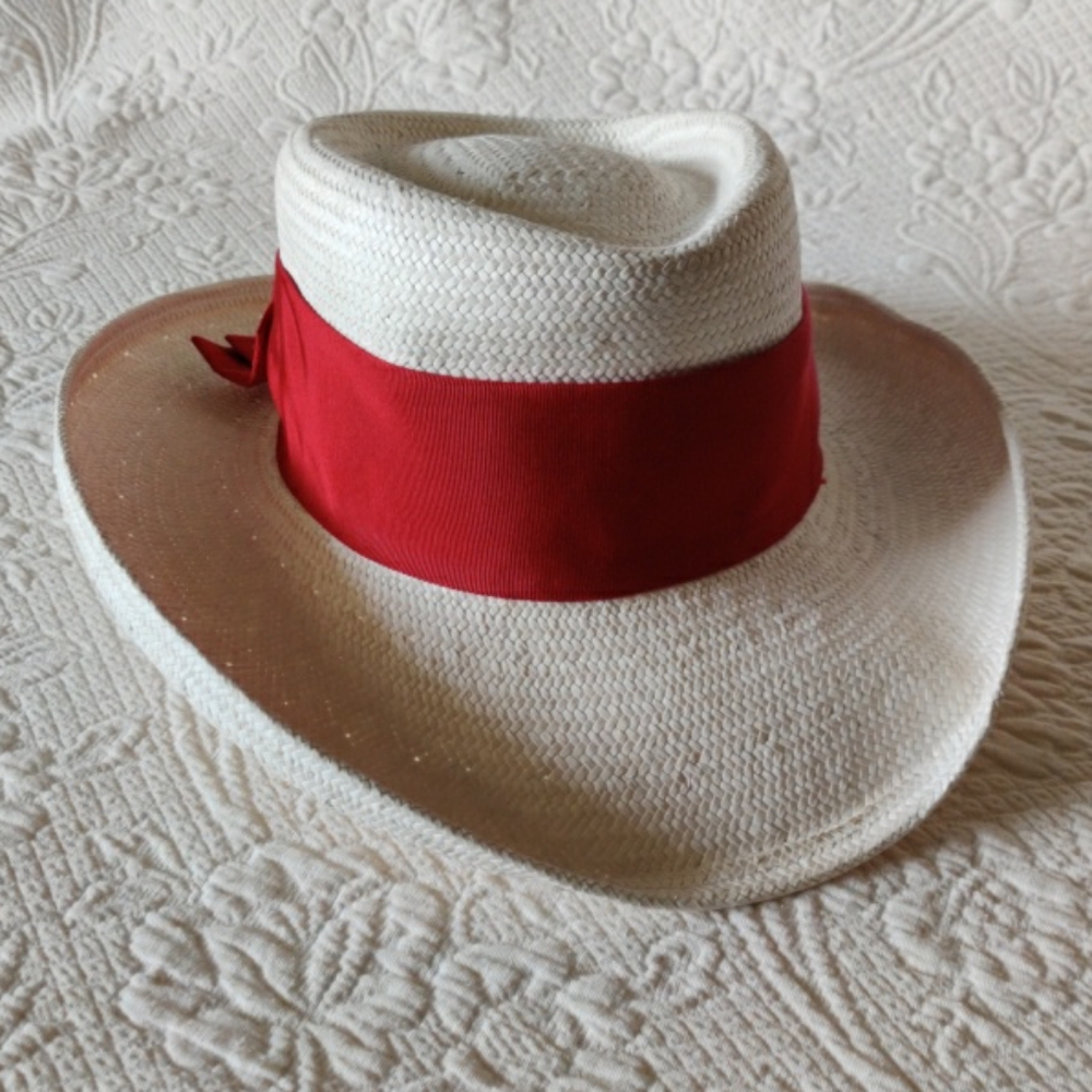 Sonni San Francisco Straw Weaved Fedora Hat With Red Bands And Bow, Wide-rimmed